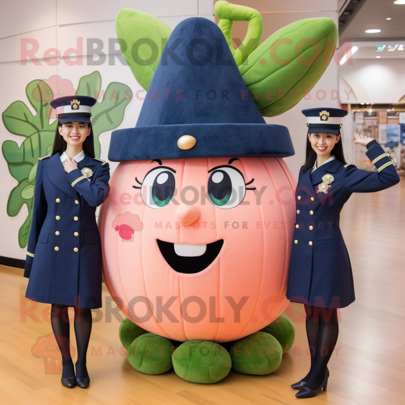 Navy Melon mascot costume character dressed with a Skirt and Berets