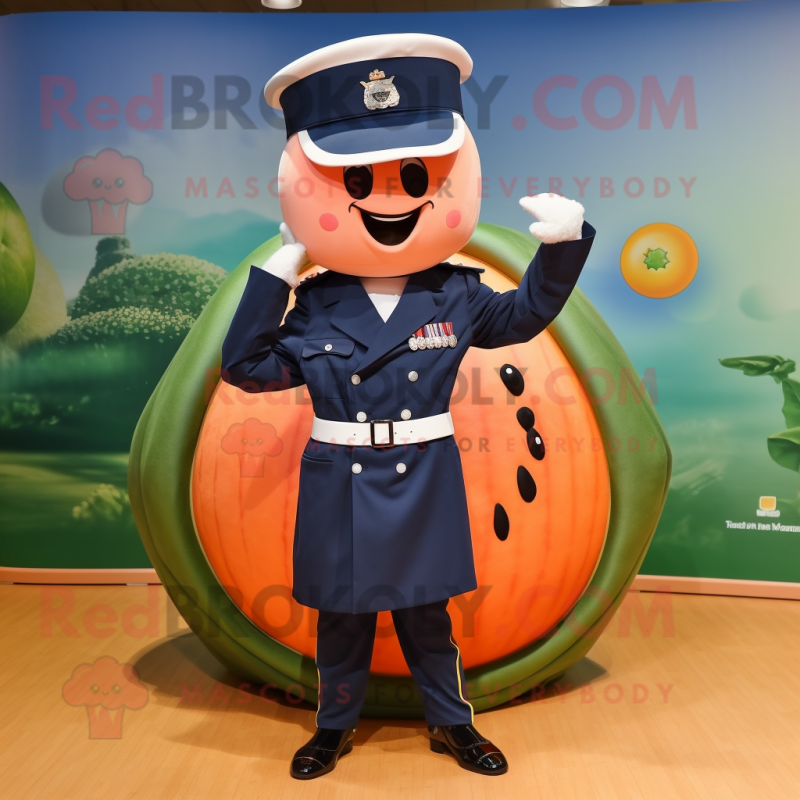 Navy Melon mascot costume character dressed with a Skirt and Berets