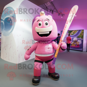 Pink Ice Hockey Stick mascot costume character dressed with a Rash Guard and Backpacks