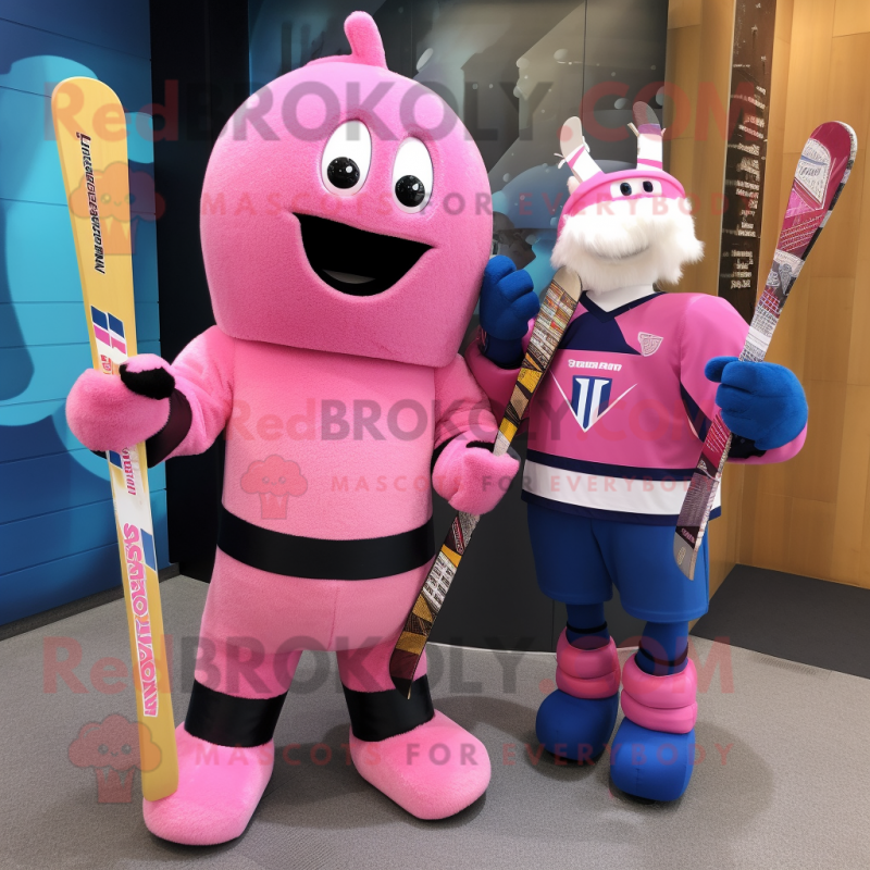 Pink Ice Hockey Stick mascot costume character dressed with a Rash Guard and Backpacks