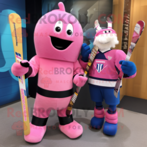 Pink Ice Hockey Stick mascot costume character dressed with a Rash Guard and Backpacks