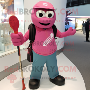 Pink Ice Hockey Stick mascot costume character dressed with a Rash Guard and Backpacks