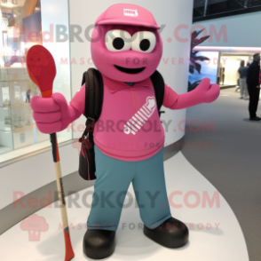 Pink Ice Hockey Stick mascot costume character dressed with a Rash Guard and Backpacks
