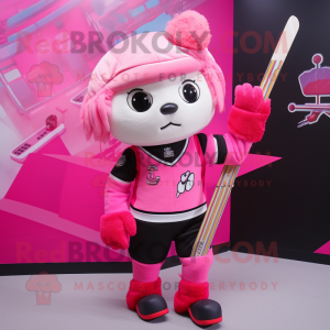 Pink Ice Hockey Stick mascot costume character dressed with a Rash Guard and Backpacks
