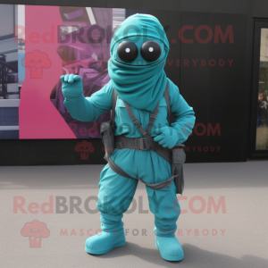 Turquoise Commando mascot costume character dressed with a Trousers and Scarves