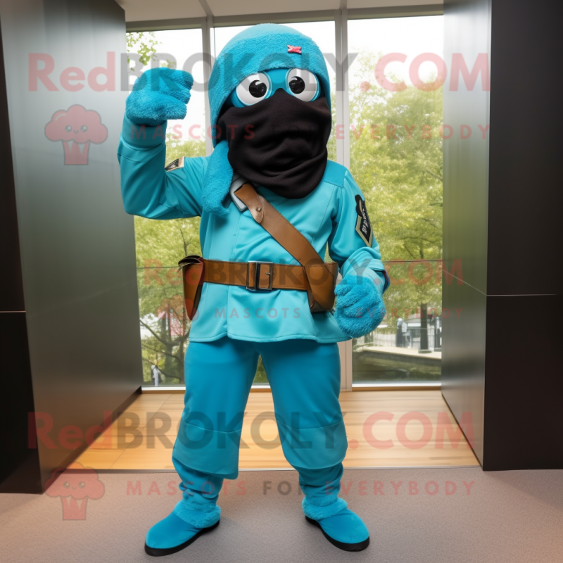 Turquoise Commando mascot costume character dressed with a Trousers and Scarves