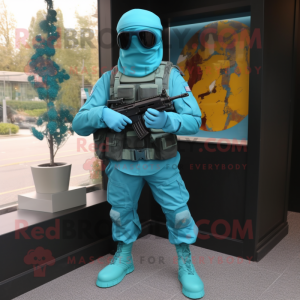 Turquoise Commando mascot costume character dressed with a Trousers and Scarves