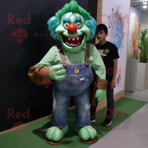 Green Evil Clown mascot costume character dressed with a Denim Shirt and Messenger bags