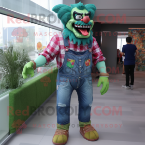Green Evil Clown mascot costume character dressed with a Denim Shirt and Messenger bags