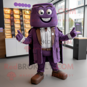 Purple Chocolate Bar mascot costume character dressed with a Blazer and Shoe clips