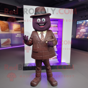 Purple Chocolate Bar mascot costume character dressed with a Blazer and Shoe clips