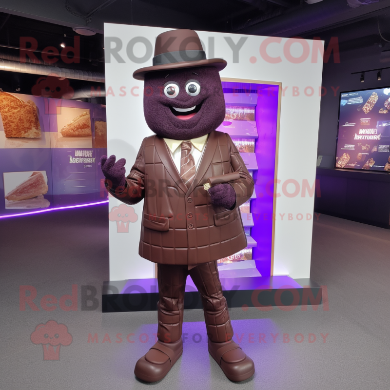 Purple Chocolate Bar mascot costume character dressed with a Blazer and Shoe clips Purple Chocolate Bar mascot costume character dressed with a Blazer and Shoe clips