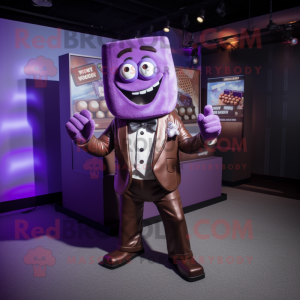 Purple Chocolate Bar mascot costume character dressed with a Blazer and Shoe clips