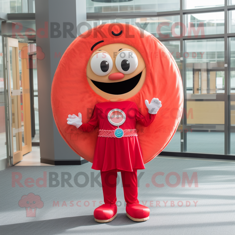 Red Donut mascot costume character dressed with a Shift Dress and Necklaces Red Donut mascot costume character dressed with a Shift Dress and Necklaces
