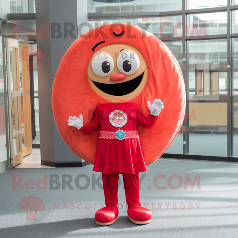 Red Donut mascot costume character dressed with a Shift Dress and Necklaces