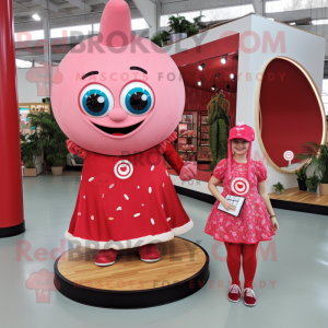 Red Donut mascot costume character dressed with a Shift Dress and Necklaces
