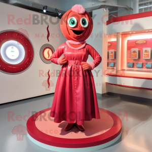 Red Donut mascot costume character dressed with a Shift Dress and Necklaces