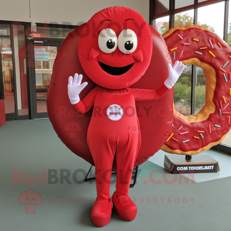 Red Donut mascot costume character dressed with a Shift Dress and Necklaces