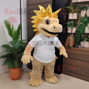 Tan Stegosaurus mascot costume character dressed with a Polo Tee and Keychains