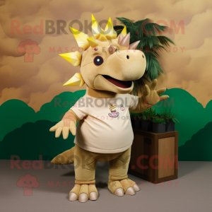 Tan Stegosaurus mascot costume character dressed with a Polo Tee and Keychains