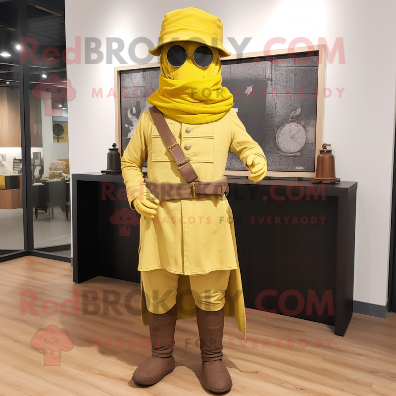 Yellow Civil War Soldier mascot costume character dressed with a Chinos and Scarves Yellow Civil War Soldier mascot costume character dressed with a Chinos and Scarves