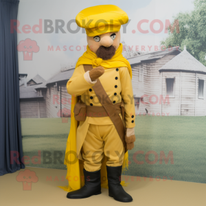 Yellow Civil War Soldier mascot costume character dressed with a Chinos and Scarves