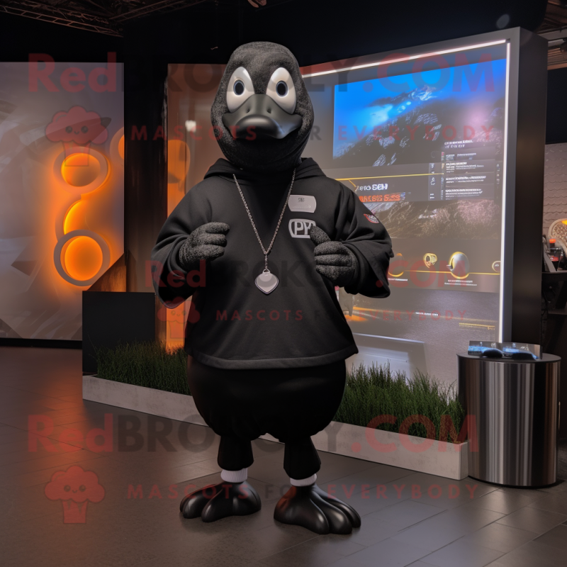 Black Goose mascot costume character dressed with a Sweatshirt and Keychains