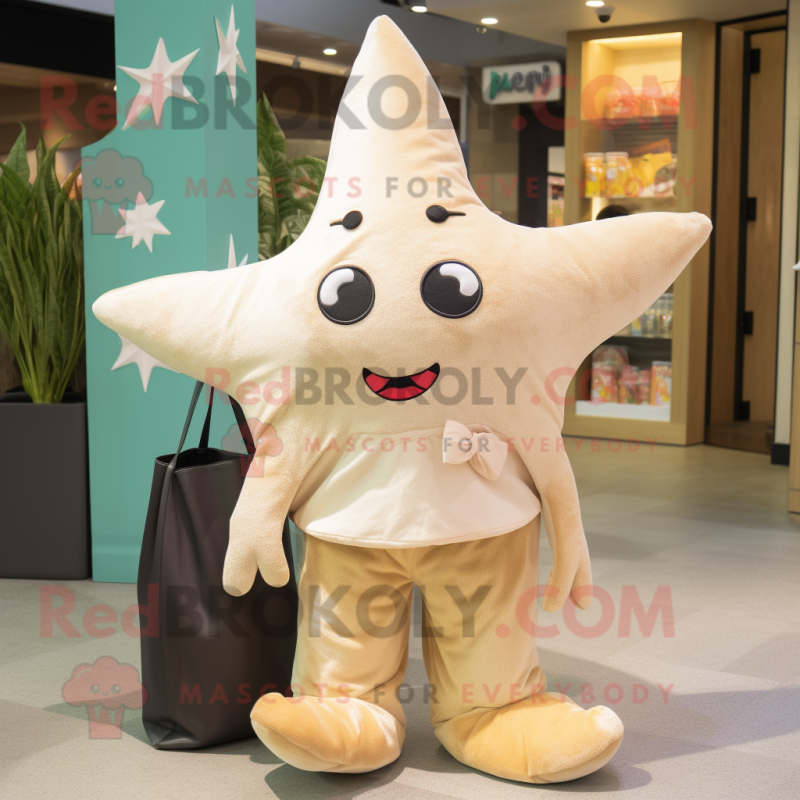 Cream Starfish mascot costume character dressed with a Mini Dress and Tote bags