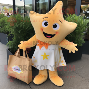 Cream Starfish mascot costume character dressed with a Mini Dress and Tote bags