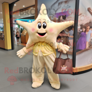 Cream Starfish mascot costume character dressed with a Mini Dress and Tote bags