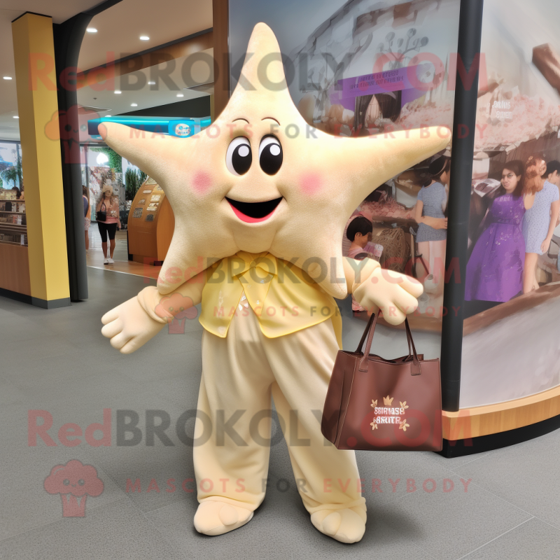 Cream Starfish mascot costume character dressed with a Mini Dress and Tote bags