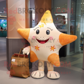 Cream Starfish mascot costume character dressed with a Mini Dress and Tote bags