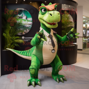 Forest Green Parasaurolophus mascot costume character dressed with a Suit and Bracelets