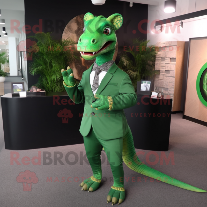 Forest Green Parasaurolophus mascot costume character dressed with a Suit and Bracelets