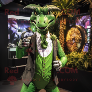 Forest Green Parasaurolophus mascot costume character dressed with a Suit and Bracelets