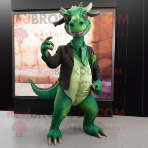 Forest Green Parasaurolophus mascot costume character dressed with a Suit and Bracelets