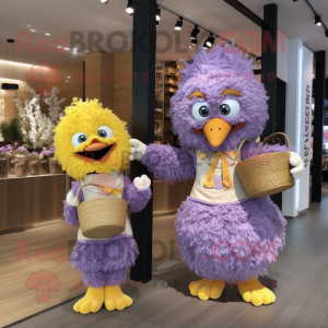 Lavender Fried Chicken mascot costume character dressed with a Jumpsuit and Clutch bags