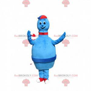 Blauwe bowling mascotte met een pet. - Redbrokoly.com
