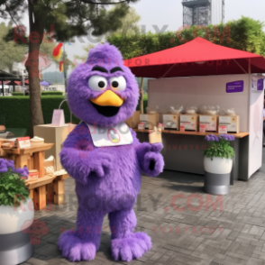 Lavender Fried Chicken mascot costume character dressed with a Jumpsuit and Clutch bags