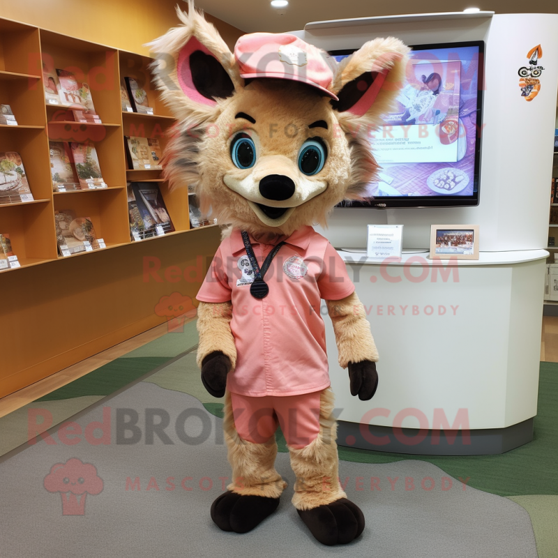 Peach Hyena mascot costume character dressed with a Romper and Caps Peach Hyena mascot costume character dressed with a Romper and Caps