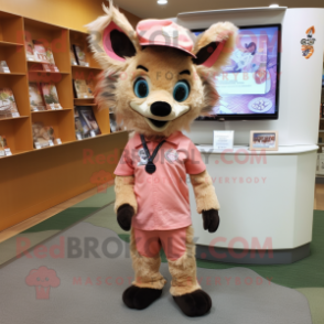 Peach Hyena mascot costume character dressed with a Romper and Caps