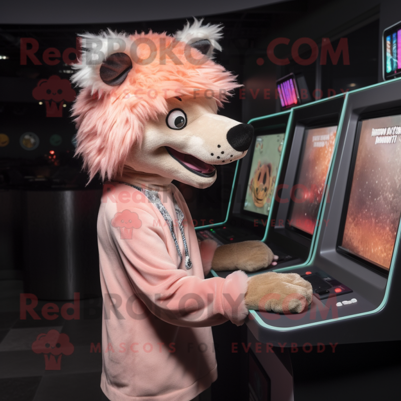 Peach Hyena mascot costume character dressed with a Romper and Caps Peach Hyena mascot costume character dressed with a Romper and Caps