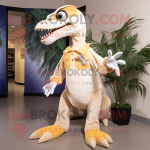 Cream Utahraptor mascot costume character dressed with a Flare Jeans and Shoe clips