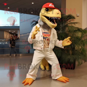 Cream Utahraptor mascot costume character dressed with a Flare Jeans and Shoe clips