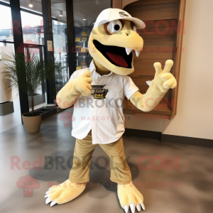 Cream Utahraptor mascot costume character dressed with a Flare Jeans and Shoe clips