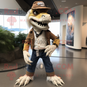 Cream Utahraptor mascot costume character dressed with a Flare Jeans and Shoe clips