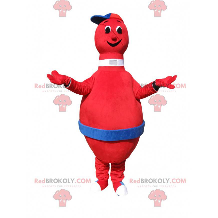 Mascote de boliche vermelho muito sorridente com um boné -