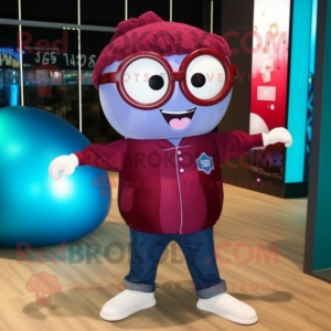 Maroon Soccer Ball mascot costume character dressed with a Flare Jeans and Eyeglasses