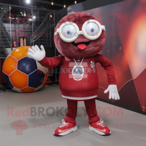 Maroon Soccer Ball mascot costume character dressed with a Flare Jeans and Eyeglasses