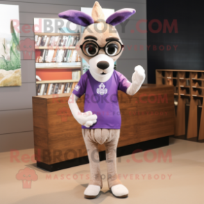 Lavender Gazelle mascot costume character dressed with a V-Neck Tee and Eyeglasses